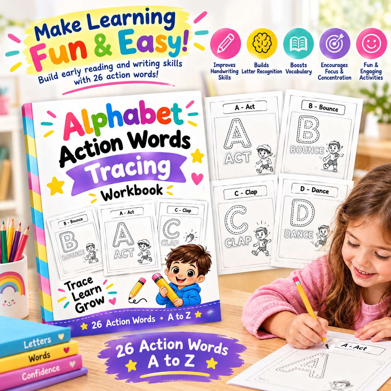 Alphabet Action Words Tracing Worksheet