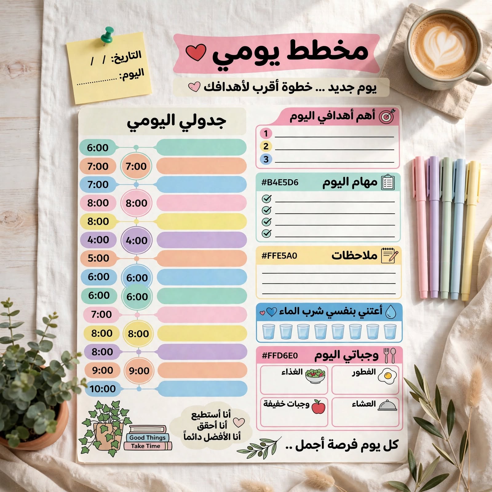 بلانر يومي للطباعة – جدولي اليومي، أهدافي، مهامي ووجباتي